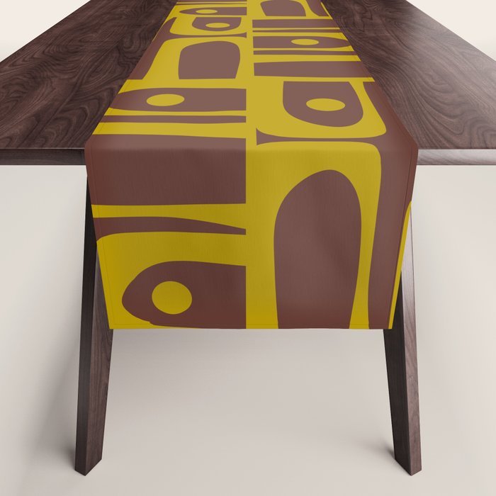 Eclectic Mid Century Modern Piquet Multi Pattern in Dark Brown and Chartreuse Olive Table Runner Gallery Image 1