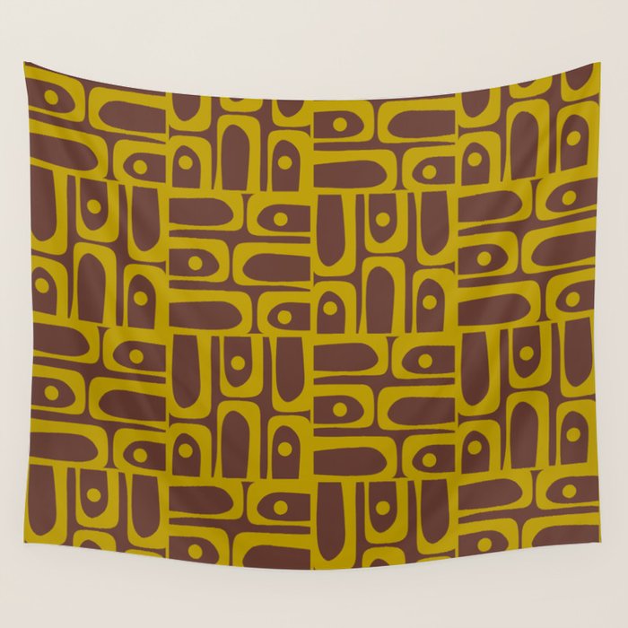 Eclectic Mid Century Modern Piquet Multi Pattern in Dark Brown and Chartreuse Olive Wall Tapestry Gallery Image 1