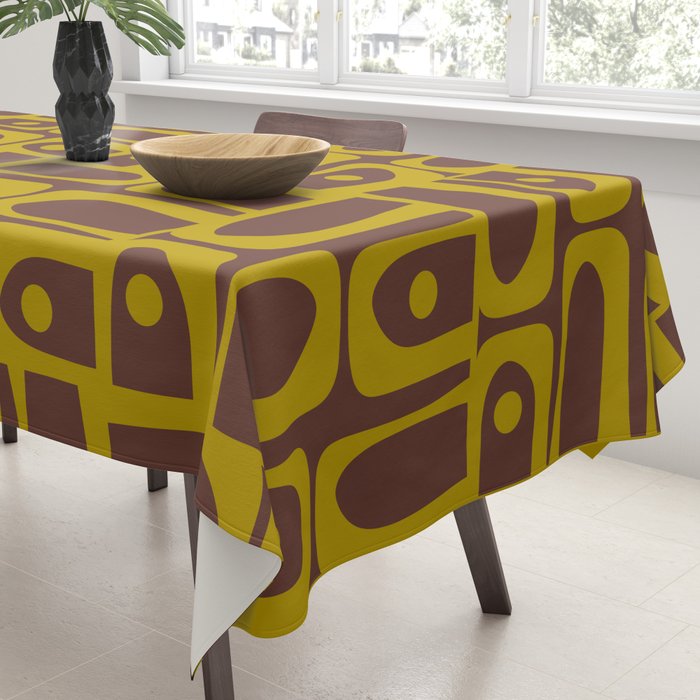 Eclectic Mid Century Modern Piquet Multi Pattern in Dark Brown and Chartreuse Olive Tablecloth Gallery Image 3