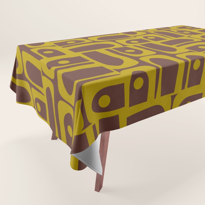 Eclectic Mid Century Modern Piquet Multi Pattern in Dark Brown and Chartreuse Olive Tablecloth Gallery Image 1