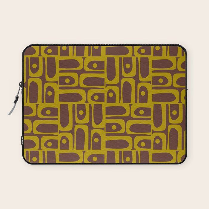 Eclectic Mid Century Modern Piquet Multi Pattern in Dark Brown and Chartreuse Olive Laptop Sleeve Gallery Image 1
