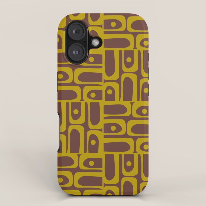 Eclectic Mid Century Modern Piquet Multi Pattern in Dark Brown and Chartreuse Olive iPhone Case Gallery Image 1