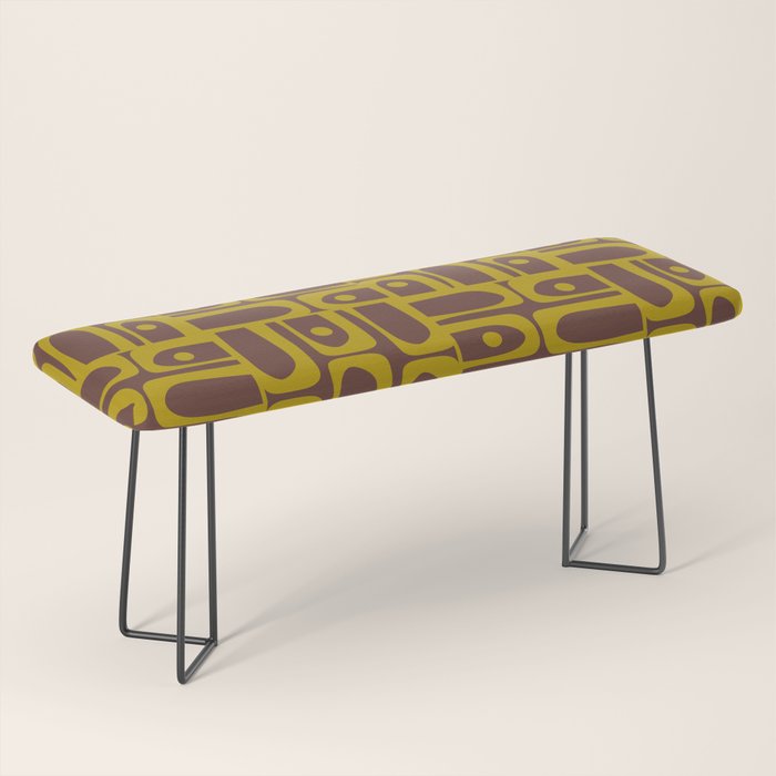 Eclectic Mid Century Modern Piquet Multi Pattern in Dark Brown and Chartreuse Olive Bench Gallery Image 1