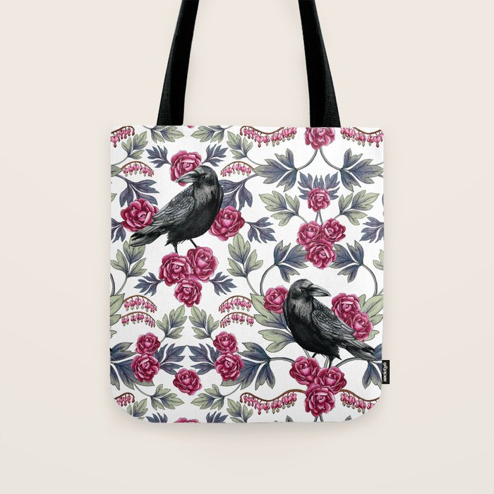 Crows, Bleeding Hearts & Roses Floral/Botanical Pattern Tote Bag Gallery Image 1