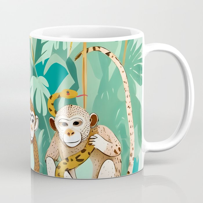Play Date, Monkeys Jungle Playing Animals, Mischievous Wildlife Forest Tropical Nature, Funny Cute Snake Adventure, Bohemian Quirky Illustration Painting Coffee Mug Gallery Image 1