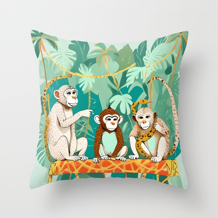 Play Date, Monkeys Jungle Playing Animals, Mischievous Wildlife Forest Tropical Nature, Funny Cute Snake Adventure, Bohemian Quirky Illustration Painting Throw Pillow Gallery Image 1