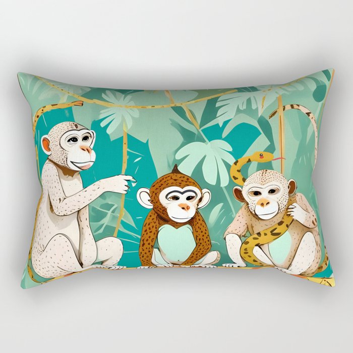Play Date, Monkeys Jungle Playing Animals, Mischievous Wildlife Forest Tropical Nature, Funny Cute Snake Adventure, Bohemian Quirky Illustration Painting Rectangular Pillow Gallery Image 1