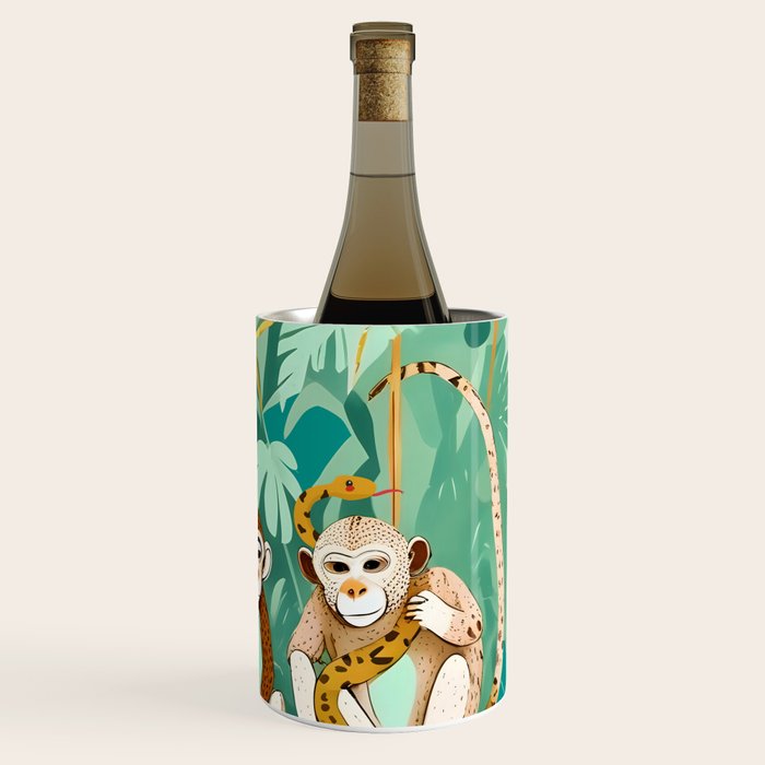 Play Date, Monkeys Jungle Playing Animals, Mischievous Wildlife Forest Tropical Nature, Funny Cute Snake Adventure, Bohemian Quirky Illustration Painting Wine Chiller Gallery Image 3