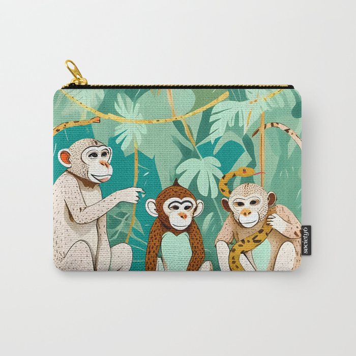 Play Date, Monkeys Jungle Playing Animals, Mischievous Wildlife Forest Tropical Nature, Funny Cute Snake Adventure, Bohemian Quirky Illustration Painting Carry All Pouch Gallery Image 1