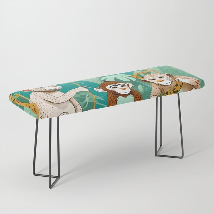 Play Date, Monkeys Jungle Playing Animals, Mischievous Wildlife Forest Tropical Nature, Funny Cute Snake Adventure, Bohemian Quirky Illustration Painting Bench Gallery Image 1