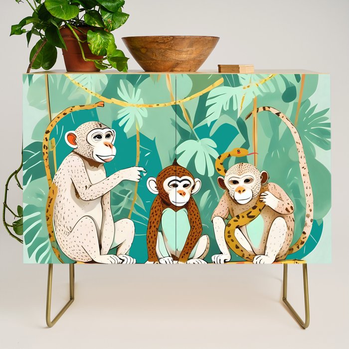 Play Date, Monkeys Jungle Playing Animals, Mischievous Wildlife Forest Tropical Nature, Funny Cute Snake Adventure, Bohemian Quirky Illustration Painting Credenza Gallery Image 1
