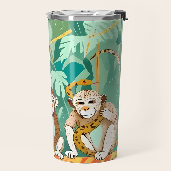 Play Date, Monkeys Jungle Playing Animals, Mischievous Wildlife Forest Tropical Nature, Funny Cute Snake Adventure, Bohemian Quirky Illustration Painting Travel Mug Gallery Image 2