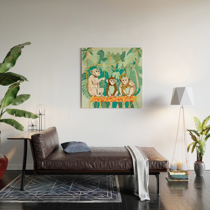 Play Date, Monkeys Jungle Playing Animals, Mischievous Wildlife Forest Tropical Nature, Funny Cute Snake Adventure, Bohemian Quirky Illustration Painting Wood Wall Art Gallery Image 2