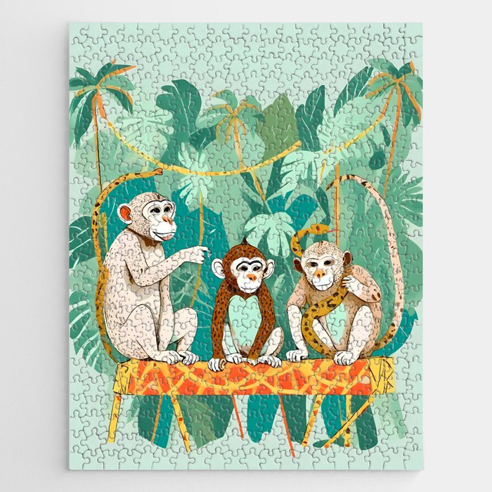 Play Date, Monkeys Jungle Playing Animals, Mischievous Wildlife Forest Tropical Nature, Funny Cute Snake Adventure, Bohemian Quirky Illustration Painting Jigsaw Puzzle Gallery Image 1