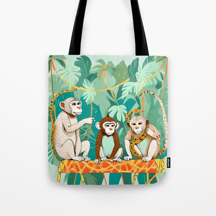 Play Date, Monkeys Jungle Playing Animals, Mischievous Wildlife Forest Tropical Nature, Funny Cute Snake Adventure, Bohemian Quirky Illustration Painting Tote Bag Gallery Image 1