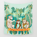 Play Date, Monkeys Jungle Playing Animals, Mischievous Wildlife Forest Tropical Nature, Funny Cute Snake Adventure, Bohemian Quirky Illustration Painting Wall Tapestry Gallery Image 4