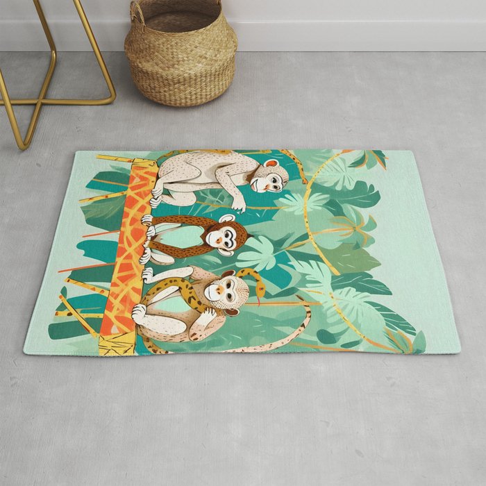 Play Date, Monkeys Jungle Playing Animals, Mischievous Wildlife Forest Tropical Nature, Funny Cute Snake Adventure, Bohemian Quirky Illustration Painting Rug Gallery Image 1