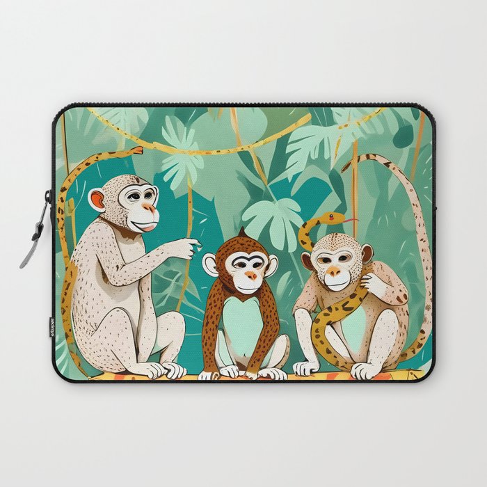 Play Date, Monkeys Jungle Playing Animals, Mischievous Wildlife Forest Tropical Nature, Funny Cute Snake Adventure, Bohemian Quirky Illustration Painting Laptop Sleeve Gallery Image 1