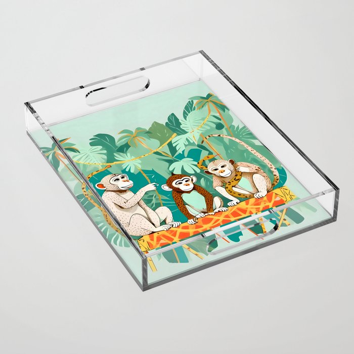 Play Date, Monkeys Jungle Playing Animals, Mischievous Wildlife Forest Tropical Nature, Funny Cute Snake Adventure, Bohemian Quirky Illustration Painting Acrylic Tray Gallery Image 1
