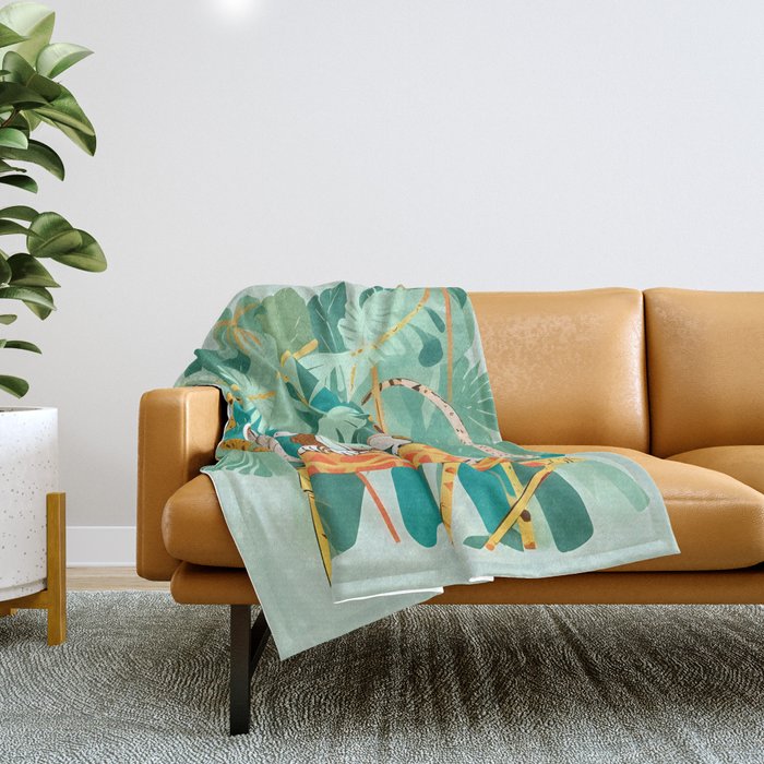 Play Date, Monkeys Jungle Playing Animals, Mischievous Wildlife Forest Tropical Nature, Funny Cute Snake Adventure, Bohemian Quirky Illustration Painting Throw Blanket Gallery Image 1