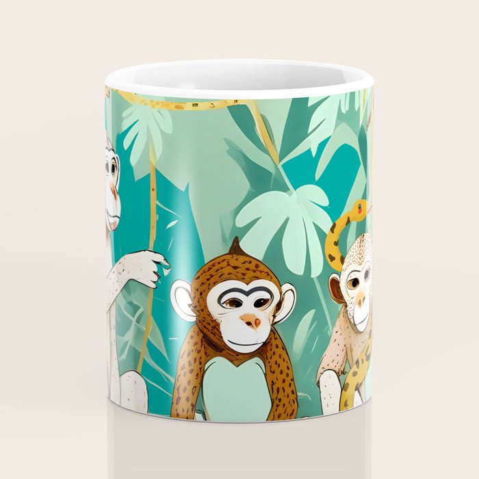 Play Date, Monkeys Jungle Playing Animals, Mischievous Wildlife Forest Tropical Nature, Funny Cute Snake Adventure, Bohemian Quirky Illustration Painting Coffee Mug Gallery Image 4