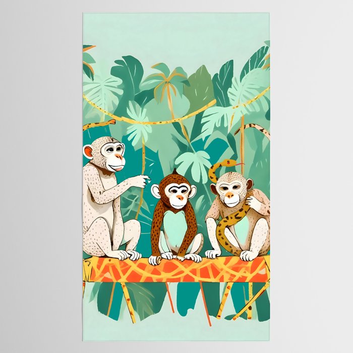 Play Date, Monkeys Jungle Playing Animals, Mischievous Wildlife Forest Tropical Nature, Funny Cute Snake Adventure, Bohemian Quirky Illustration Painting Tablecloth Gallery Image 2