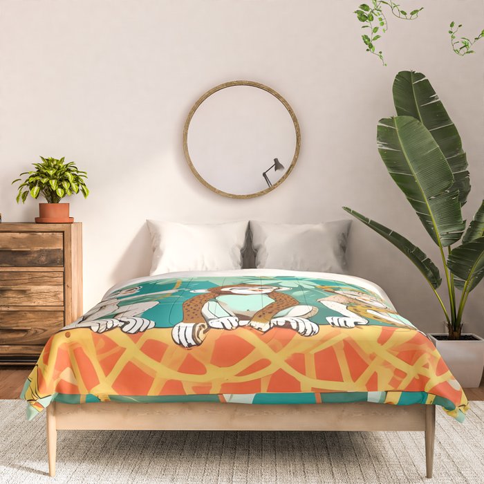 Play Date, Monkeys Jungle Playing Animals, Mischievous Wildlife Forest Tropical Nature, Funny Cute Snake Adventure, Bohemian Quirky Illustration Painting Comforter Gallery Image 3
