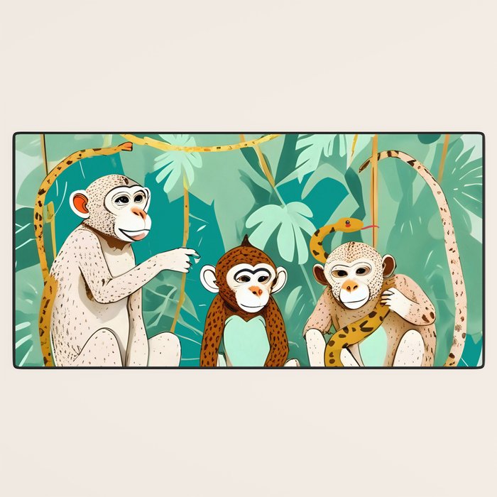 Play Date, Monkeys Jungle Playing Animals, Mischievous Wildlife Forest Tropical Nature, Funny Cute Snake Adventure, Bohemian Quirky Illustration Painting Desk Mat Gallery Image 3