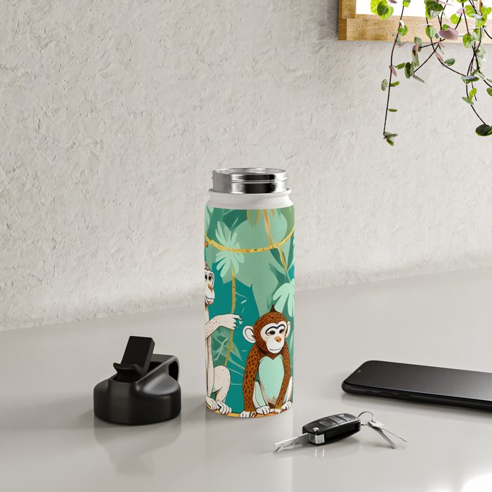 Play Date, Monkeys Jungle Playing Animals, Mischievous Wildlife Forest Tropical Nature, Funny Cute Snake Adventure, Bohemian Quirky Illustration Painting Water Bottle Gallery Image 4
