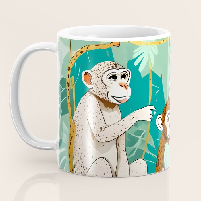 Play Date, Monkeys Jungle Playing Animals, Mischievous Wildlife Forest Tropical Nature, Funny Cute Snake Adventure, Bohemian Quirky Illustration Painting Coffee Mug Gallery Image 3
