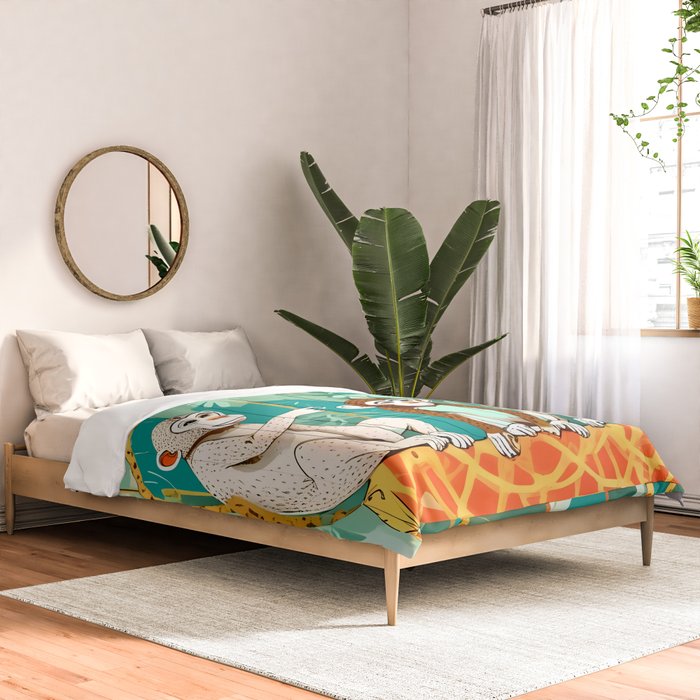 Play Date, Monkeys Jungle Playing Animals, Mischievous Wildlife Forest Tropical Nature, Funny Cute Snake Adventure, Bohemian Quirky Illustration Painting Comforter Gallery Image 2