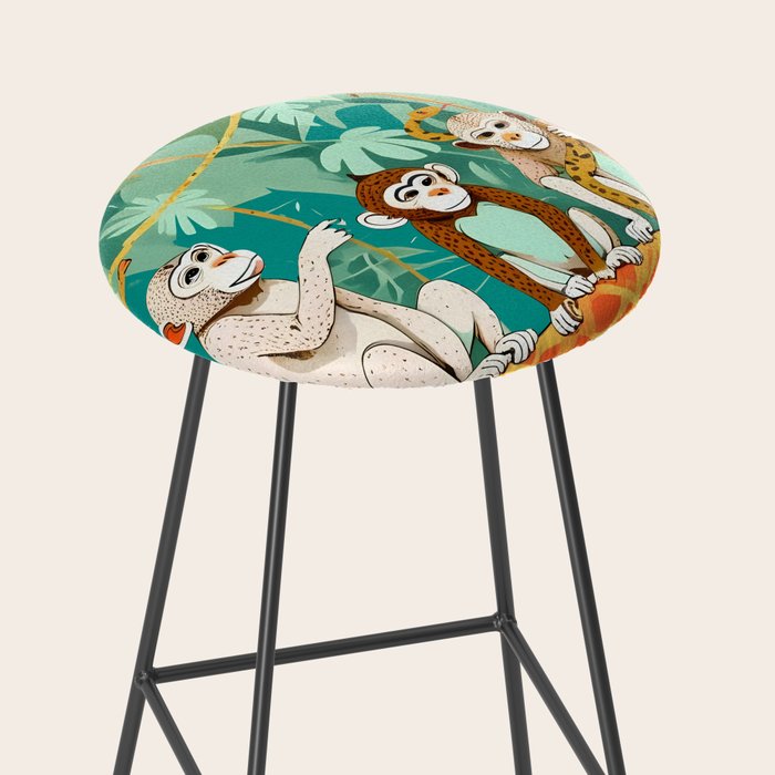 Play Date, Monkeys Jungle Playing Animals, Mischievous Wildlife Forest Tropical Nature, Funny Cute Snake Adventure, Bohemian Quirky Illustration Painting Stool Gallery Image 2