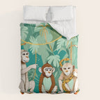 Play Date, Monkeys Jungle Playing Animals, Mischievous Wildlife Forest Tropical Nature, Funny Cute Snake Adventure, Bohemian Quirky Illustration Painting Comforter Gallery Image 6