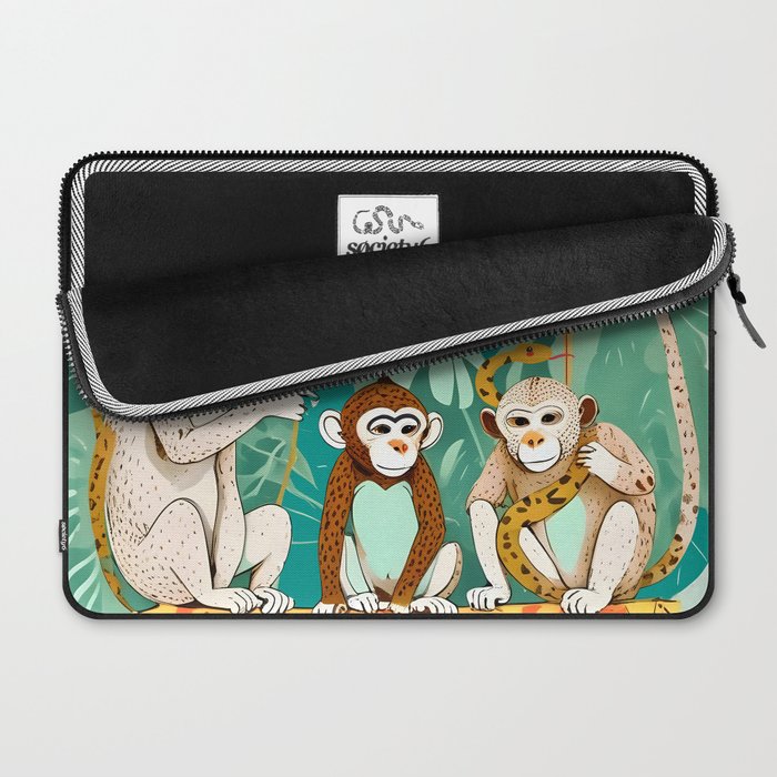 Play Date, Monkeys Jungle Playing Animals, Mischievous Wildlife Forest Tropical Nature, Funny Cute Snake Adventure, Bohemian Quirky Illustration Painting Laptop Sleeve Gallery Image 2