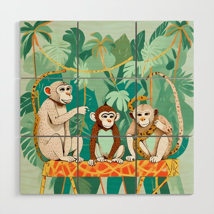 Play Date, Monkeys Jungle Playing Animals, Mischievous Wildlife Forest Tropical Nature, Funny Cute Snake Adventure, Bohemian Quirky Illustration Painting Wood Wall Art Gallery Image 1