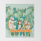 Play Date, Monkeys Jungle Playing Animals, Mischievous Wildlife Forest Tropical Nature, Funny Cute Snake Adventure, Bohemian Quirky Illustration Painting Throw Blanket Gallery Image 2