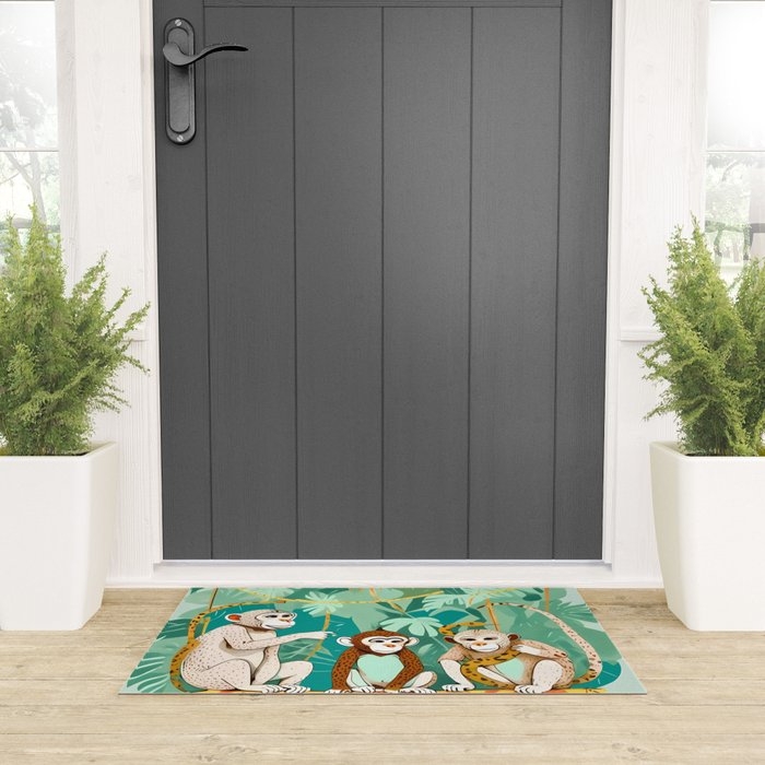 Play Date, Monkeys Jungle Playing Animals, Mischievous Wildlife Forest Tropical Nature, Funny Cute Snake Adventure, Bohemian Quirky Illustration Painting Welcome Mat Gallery Image 3