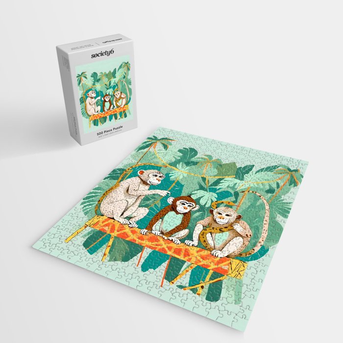 Play Date, Monkeys Jungle Playing Animals, Mischievous Wildlife Forest Tropical Nature, Funny Cute Snake Adventure, Bohemian Quirky Illustration Painting Jigsaw Puzzle Gallery Image 2