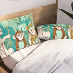 Play Date, Monkeys Jungle Playing Animals, Mischievous Wildlife Forest Tropical Nature, Funny Cute Snake Adventure, Bohemian Quirky Illustration Painting Pillow Sham Gallery Image 2