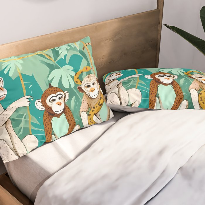 Play Date, Monkeys Jungle Playing Animals, Mischievous Wildlife Forest Tropical Nature, Funny Cute Snake Adventure, Bohemian Quirky Illustration Painting Pillow Sham Gallery Image 2