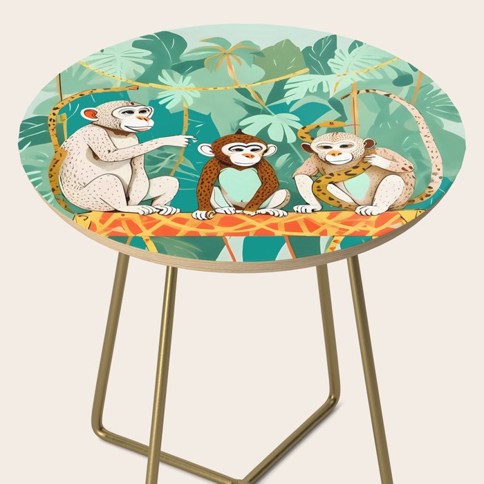 Play Date, Monkeys Jungle Playing Animals, Mischievous Wildlife Forest Tropical Nature, Funny Cute Snake Adventure, Bohemian Quirky Illustration Painting Side Table Gallery Image 2