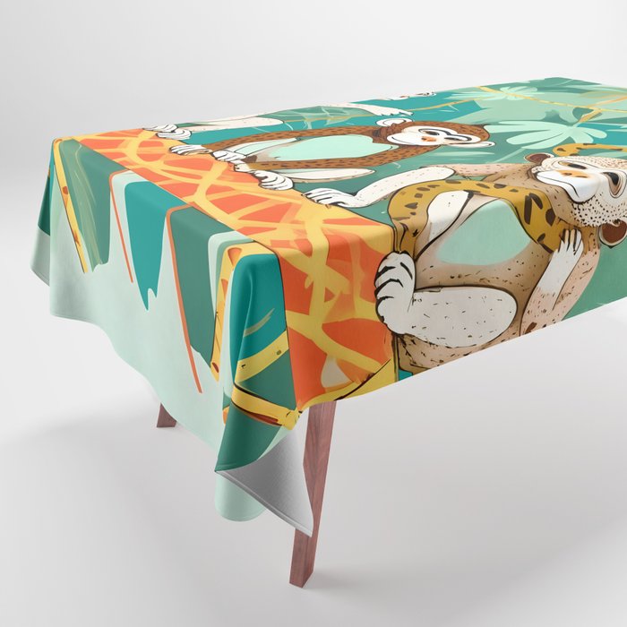 Play Date, Monkeys Jungle Playing Animals, Mischievous Wildlife Forest Tropical Nature, Funny Cute Snake Adventure, Bohemian Quirky Illustration Painting Tablecloth Gallery Image 1