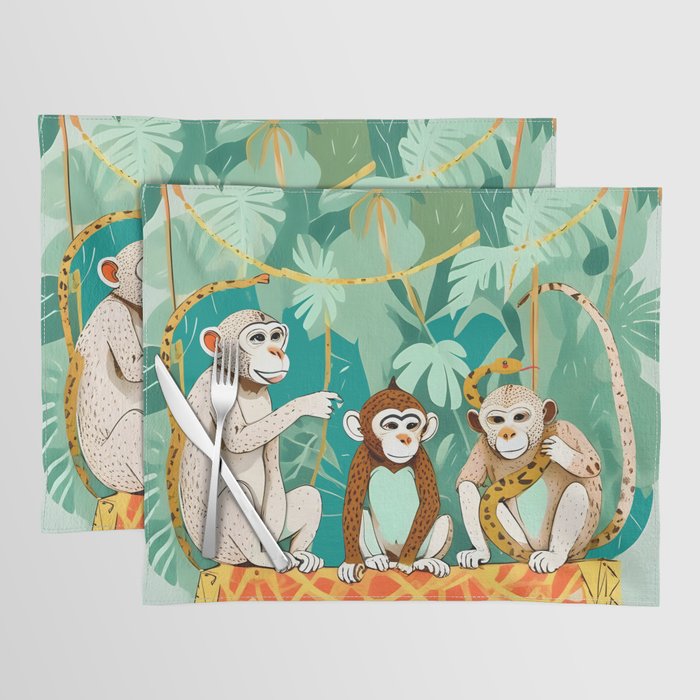 Play Date, Monkeys Jungle Playing Animals, Mischievous Wildlife Forest Tropical Nature, Funny Cute Snake Adventure, Bohemian Quirky Illustration Painting Placemat Gallery Image 1