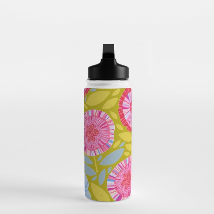 Folk Floral Blossoms in Moss Green Water Bottle Gallery Image 3