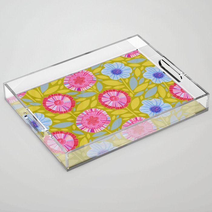 Folk Floral Blossoms in Moss Green Acrylic Tray Gallery Image 1