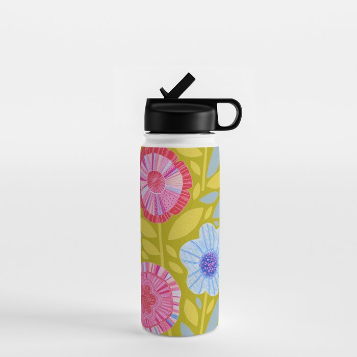 Folk Floral Blossoms in Moss Green Water Bottle Gallery Image 1