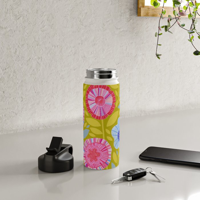 Folk Floral Blossoms in Moss Green Water Bottle Gallery Image 4