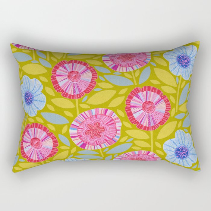 Folk Floral Blossoms in Moss Green Rectangular Pillow Gallery Image 1