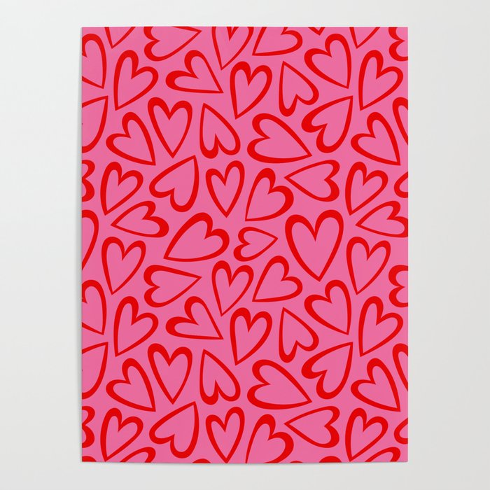Red love heart cartoon pattern Poster Gallery Image 1