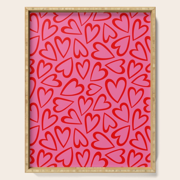 Red love heart cartoon pattern Serving Tray Gallery Image 1